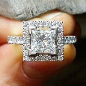 😍Pure Anillos Princess Cut Zircon Silver Plated Fashion Wedding Ring, L271